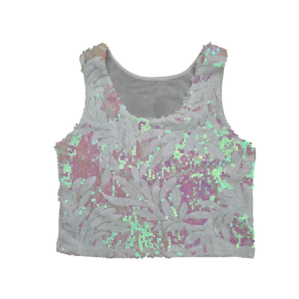 Vintage Sequin Top Womens M White & Iridescent Pink Embellished Lined - Picture 2 of 7